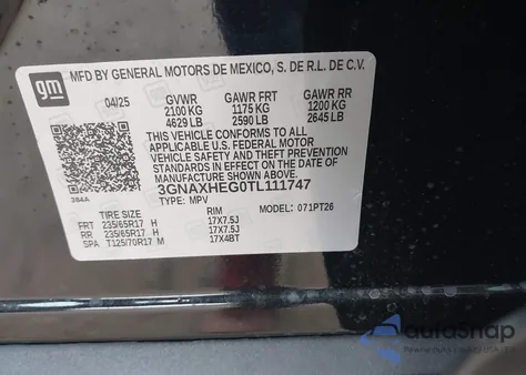 2026 Chevrolet Equinox Fwd Lt из США, поврежденный, VIN 3GNAXHEG0TL111747